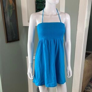 No Boundaries Vibrant Blue Halter Swim Cover-Up mini dress smocked crinkle fabri